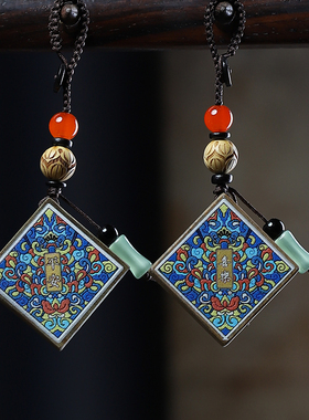 檀木国潮彩绘情侣款钥匙手机挂坠