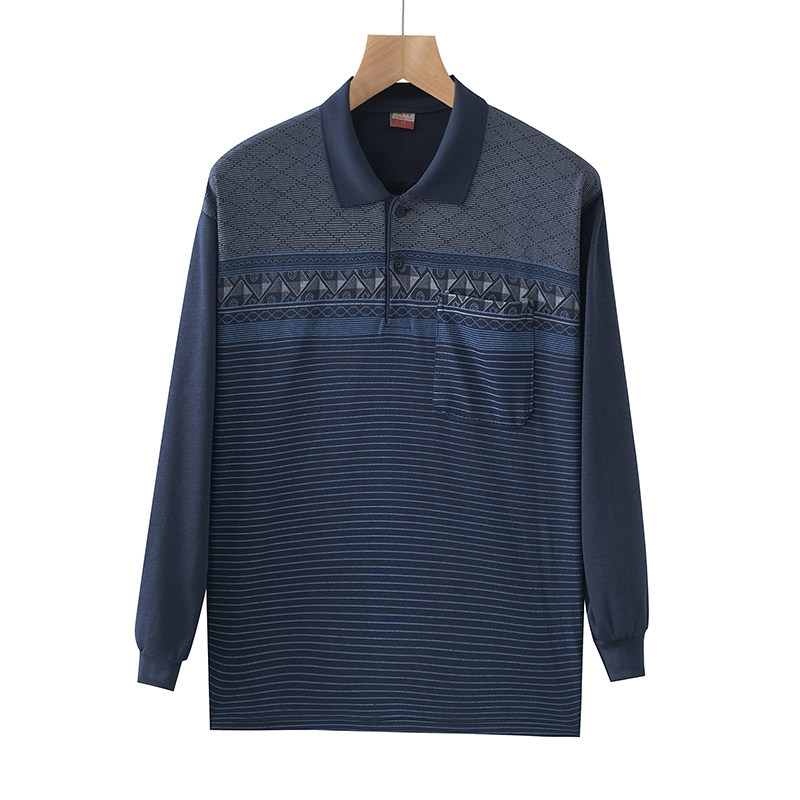 中年爸爸装翻领长袖春秋涤棉T恤衫 休闲条纹宽松口袋爷爷装打底衫,淘宝优惠券,粉丝福利购,淘宝优惠卷