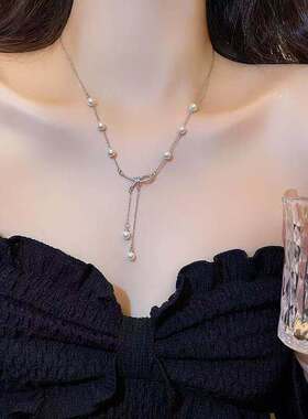 轻奢小众高级感超仙气质蝴蝶结项链女长款流苏珍珠锁骨链网红颈链