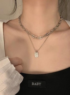 韩国双层叠戴方牌项炼简约