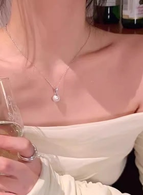 网红同款单颗珍珠项链女秋冬款百搭气质毛衣链精致锆石吊坠锁骨链