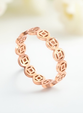 招财铜钱币钛钢镀18k玫瑰金戒指