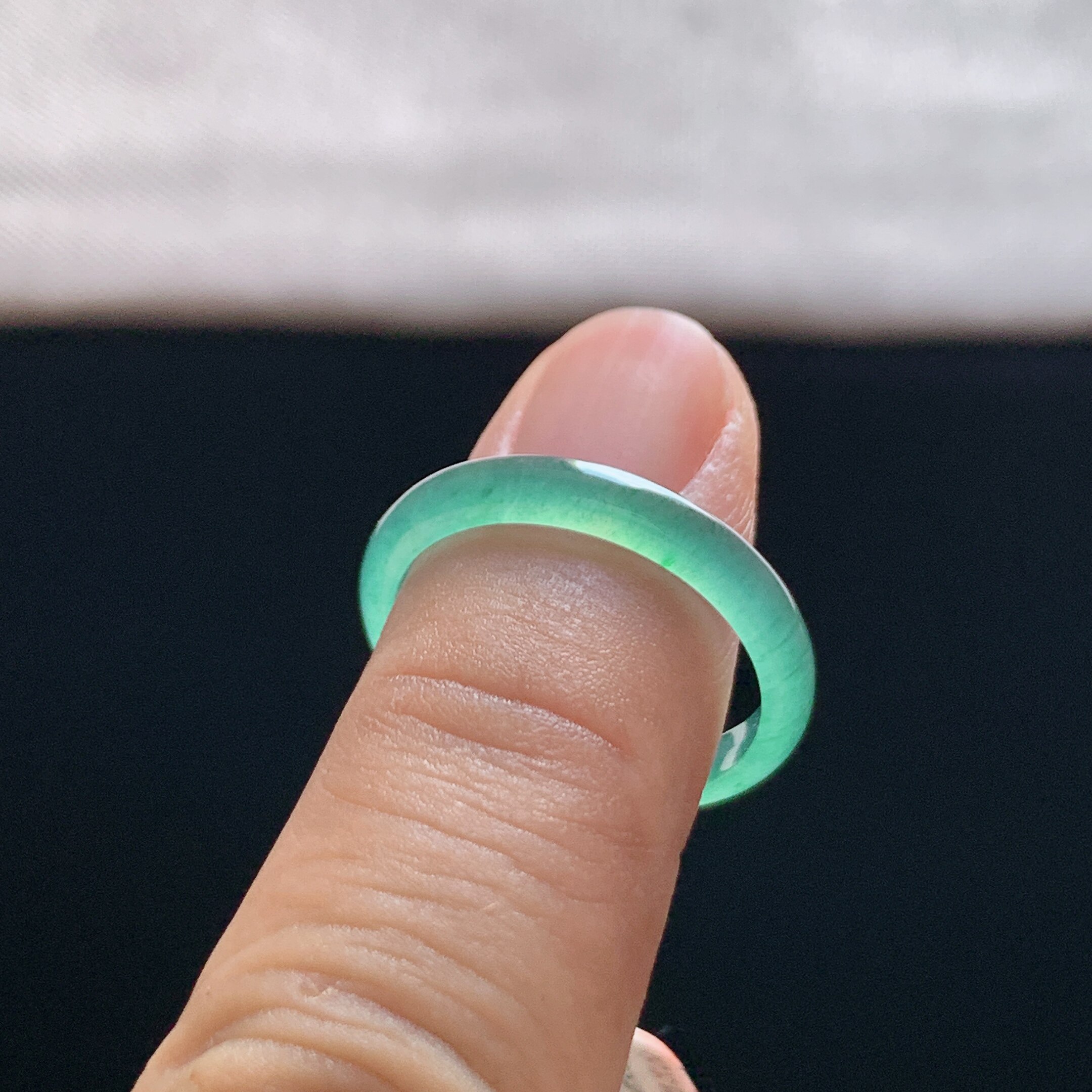 Natural A-grade ice clear water green jade ring