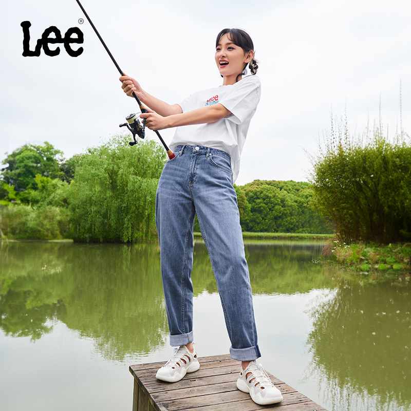 Lee411舒适高腰小直脚浅蓝色水洗五袋款日常休闲女牛仔裤A05665-图0