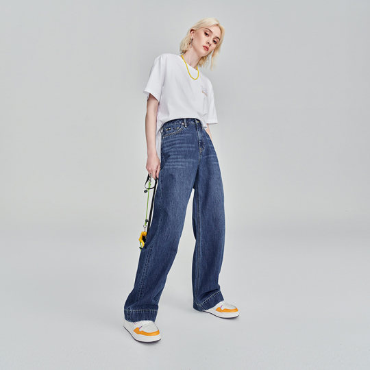 【张凌赫代言】Lee中蓝色水洗428懒懒裤高腰女显瘦宽腿牛仔裤潮流