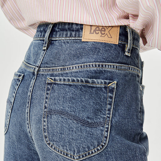 【张凌赫代言】Lee中蓝色水洗428懒懒裤高腰女显瘦宽腿牛仔裤潮流