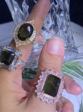 保真纯天然捷克陨石Moldavite 捷克玻璃纯银镶嵌绿陨石戒指定金