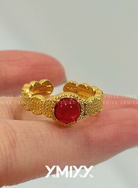 中古宫廷浮雕红宝石开口女戒