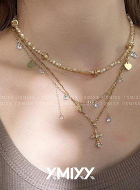 vintage十字架米珠叠戴项链女