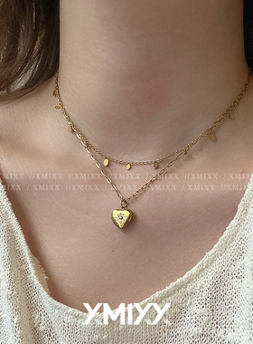 复古vintage钛钢爱心叠戴锁骨链