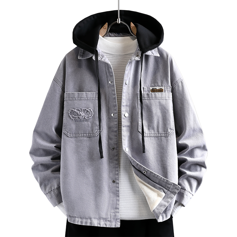 时尚连帽牛仔外套男士秋冬季加绒加厚夹克帅气青少年男装棉服上衣 - 图3
