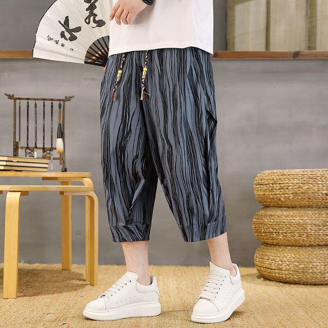 2025 New Trendy Brand Cropped Pants Men's Summer Thin Ice Silk Shorts Trendy Design Casual 7-Point Harem Pants