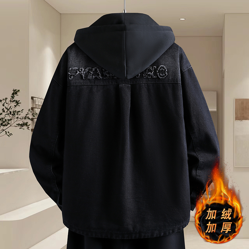 时尚连帽牛仔外套男士秋冬季加绒加厚夹克帅气青少年男装棉服上衣 - 图2