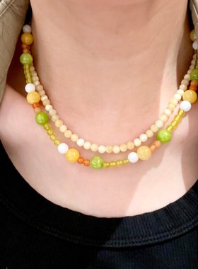 柠檬黄玉石水晶串珠锁骨链彩色天然石短链夜明珠手作轻奢小众项链