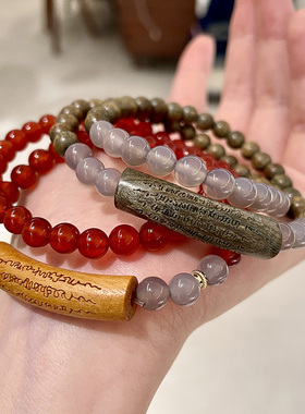 小众红玛瑙双圈手串绿檀木水晶串珠双层手串木制经文男女原木手链