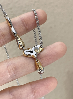 金箔流体设计高级感项链辣妹甜酷轻奢小众中性金银拼色水滴锁骨链