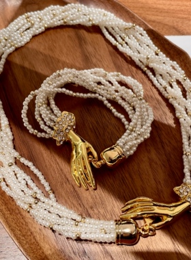 欧美复古多层赫本风珍珠串珠项链气质手掌多层手链叠层短款锁骨链