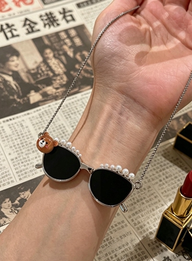 欧美复古圆形墨镜毛衣链小众设计感小熊眼镜项链高级感锁骨链配饰