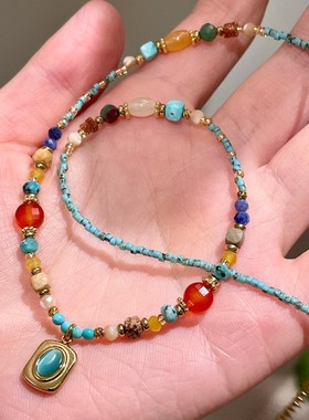 原创彩色松石水晶天然石玛瑙串珠项链叠戴颈链蓝色猫眼石锁骨链女