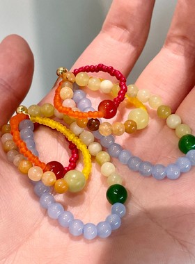 小众春夏彩虹色水晶串珠耳环可爱少女彩色天然石多圈耳钉度假耳饰