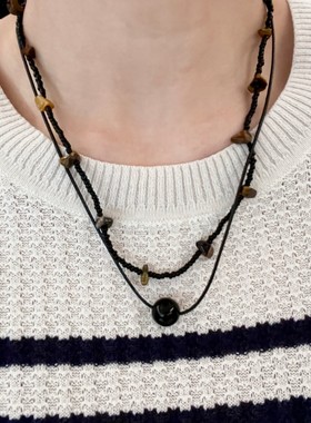 复古名族风双层黑色串珠天然石新中式度假风项链