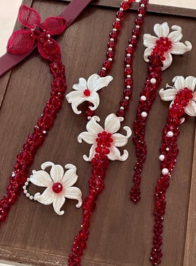 红色水晶花朵项链小众设计暗红色蝴蝶花朵choker皮质项圈女颈链潮