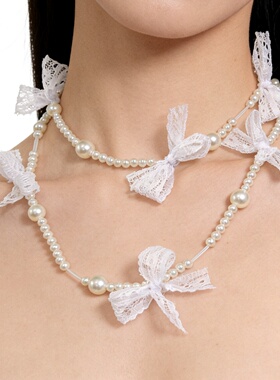 轻奢高级感蕾丝蝴蝶结珍珠项链女小众设计双层叠戴锁骨链串珠配饰