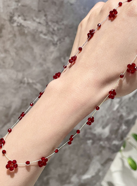 轻奢高级感设计手工编织串珠小花项链酒红色水晶锁骨链精致颈链女