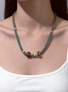 国潮天然石复古绿色藏式项链女民族风蓝松石颈链新中式轻奢锁骨链