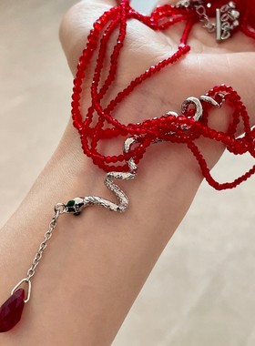 红色水晶串珠叠戴颈链蛇形项链小蛇水滴chocke小众气质灵蛇锁骨链