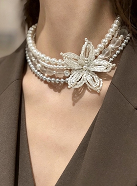 重工手作串珠花瓣多层锁骨链水晶花朵颈链磨砂珍珠choker项链配饰