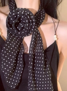 复古黑色长款波点丝巾韩国ins飘带围巾百搭领带气质新玫瑰花领巾