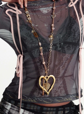 千禧辣妹手工丝带拼接彩珠爱心毛衣链波点花朵度假感项链女锁骨链