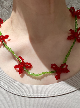 MONA同款手工串珠撞色花朵项链红色花瓣绿色水晶颈链高级感锁骨链