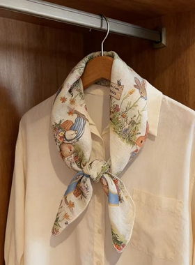 春夏可爱小兔丝巾女棉麻小方巾卡通百搭包头巾装饰护颈防晒领巾潮