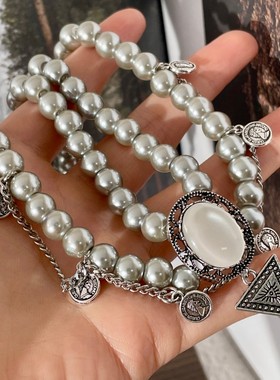 中古小众高级感灰色珍珠多层流苏项链女复古叠带串珠颈链潮锁骨链