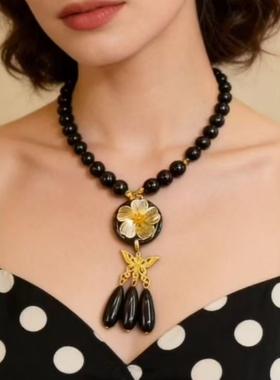 新中式复古黑色串珠流苏耳环花朵蝴蝶水滴项链中古锁骨链毛衣链女