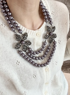 欧美夸张大牌风多层深灰色珍珠项链时尚女气质满钻花瓣毛衣链配饰