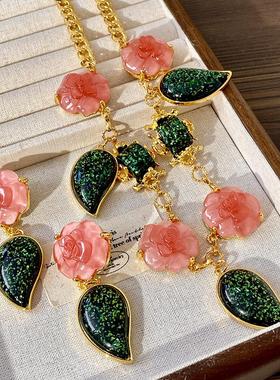 中古高级感粉色琉璃花朵耳环项链复古气质树叶花瓣毛衣链配饰套装