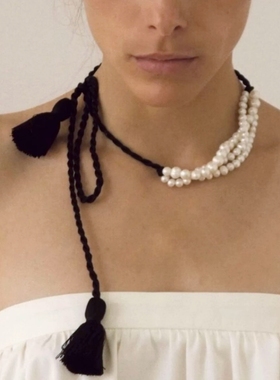 多层珍珠项链女26年新款黑色编绳流苏串珠长款毛衣链叠戴颈链配饰