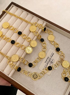 欧美复古金色钱币耳坠个性长款流苏夸张长款气质耳环项链女毛衣链