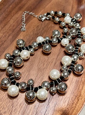 2025秋冬新款银色拼色珍珠项链大小拼接串珠毛衣链衣服配饰锁骨链