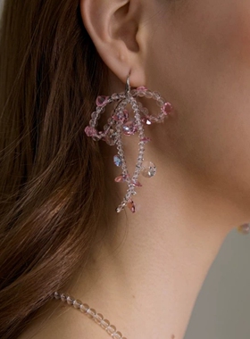 小众珍珠水晶蝴蝶结耳环粉色系串珠项链复古锁骨链颈链chocker女