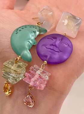 阴晴圆缺小众高级感设计耳饰月亮紫色太阳不对称耳环个性银针耳钉