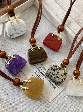 韩国绒绳虎眼石包包项链女小众设计感高级毛衣链秋冬长款吊坠配饰