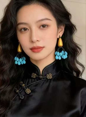 欧美气质蓝松石水滴耳环金色水滴木质个性独特夸张流苏扫肩耳饰女