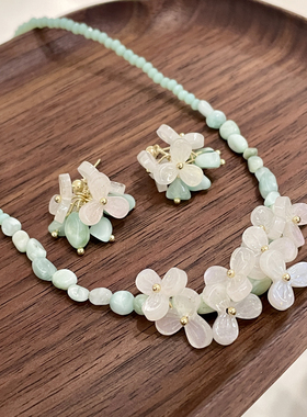 法式清新曼波色调薄荷香草项链清冷感串珠耳环耳饰水晶串珠锁骨链