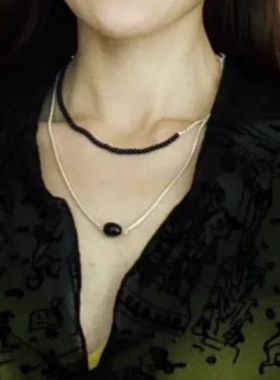 钛钢多戴法黑色拼接项链轻奢小众高级感叠戴锁骨链气质毛衣链配饰