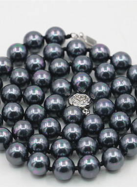 圆珠天然黑彩贝珍珠项链玫瑰花扣