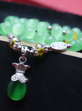 油菜花女猫眼石玉石双圈绿色手链
